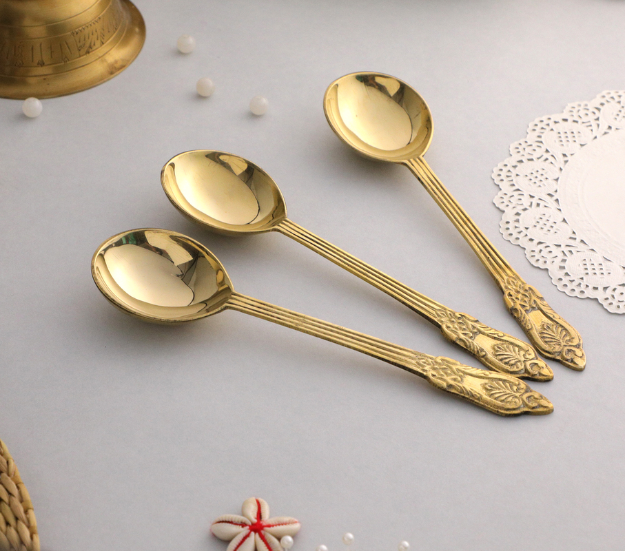 BulkySanta Brass Serving Spoons with Hand Crafted Etching Design (Size - 8.75" Weight - 110 Grams Approx.)| Royal dinnerware Set (Set of 3 pcs.)