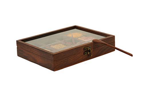 Freakway Sheesham Decorative Multipurpose Wooden Boxes/Masala Dabba Containers Jars & Wooden Masala Box with 12 cotainer for Kitchen with Spoon