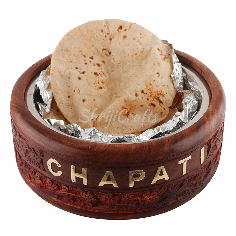 Ortus Round Shape Seasoned Sheesham Wood/Rosewood with Brass knob and Stainless Steel Engraved Casserole Chapati Box for Kitchen and Dining Table Ideal for Gifting (9 inches) Free 2 Spoons