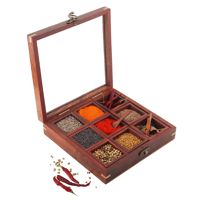 Ortus Arts® Sheesham Wooden Table Top Spice Box Masala Dabba Namak Dani with 9 Containers and Spoon for Kitchen Spice Box with Glass Top and Spoon - Spice Rack Holder Decorative Boxes "MADE IN INDIA"