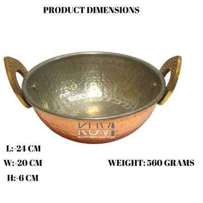 KUVI Copper Kalai Kadhai Pure Copper Karhai with Brass Handles for Cooking, Serving, Hotel Ware, Restaurant, Kitchenware & Dinning (1200ml , Pack of 1)