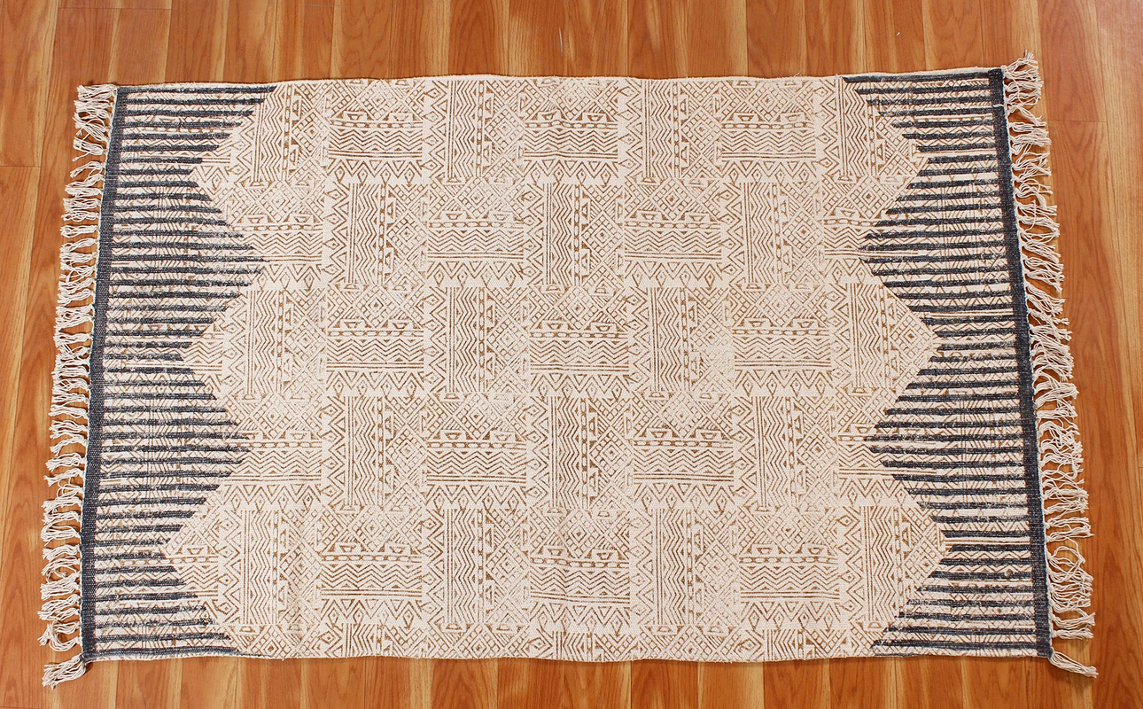 Hand Block Printed Cotton Dhurrie Bohemian Kitchen Kilim Rectangle Area Rug 