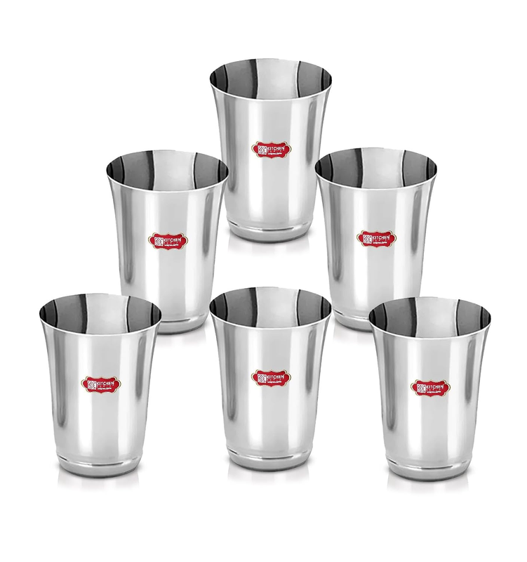  Stainless Steel Glass Set of 6-300 ML Each | Steel Glasses for Water | Curved Shape Glass with Mirror Polish 